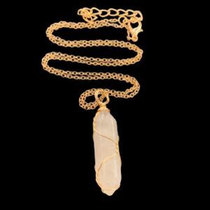 Hexagonal White Pink Stone Pendant Necklace in Gold Tone - Calm & Confidence